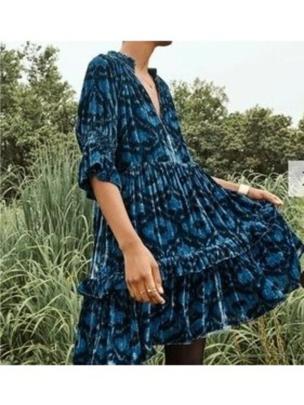 Figue $495 Blue Velvet Burnout Mini Dress Boho Print Romantic Whimsigoth Fall - Picture 2 of 11